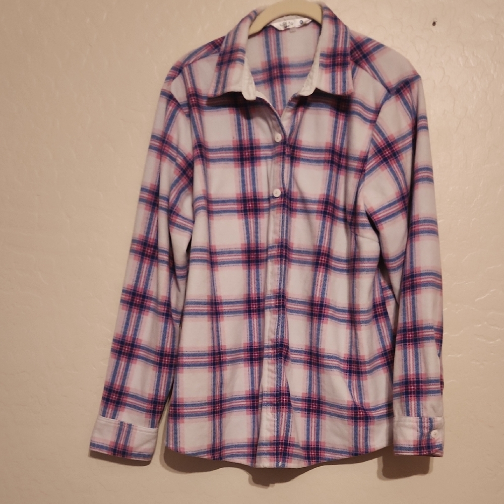 Lee Women's Fleece Plaid Button Down Shirt - White, Blue, Pink